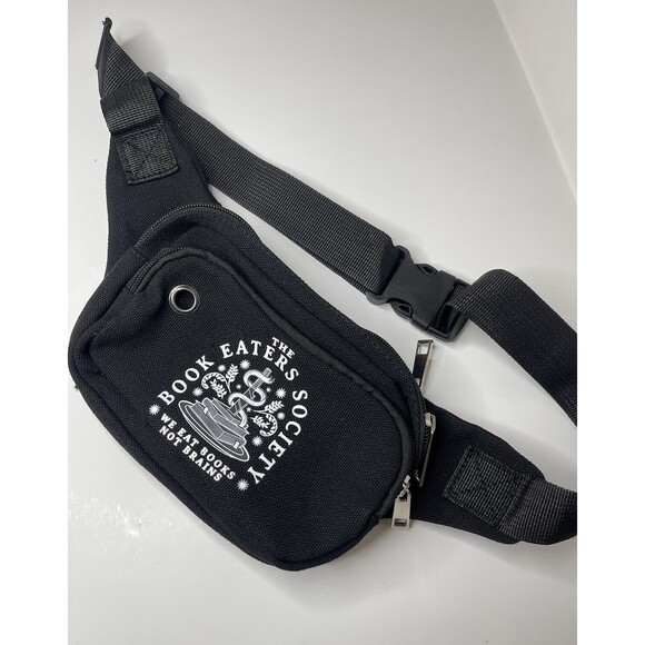 Fanny Pack Canvas Book Themed Adjustable Black " We Eat Books Not Brains" Unisex - Picture 1 of 6